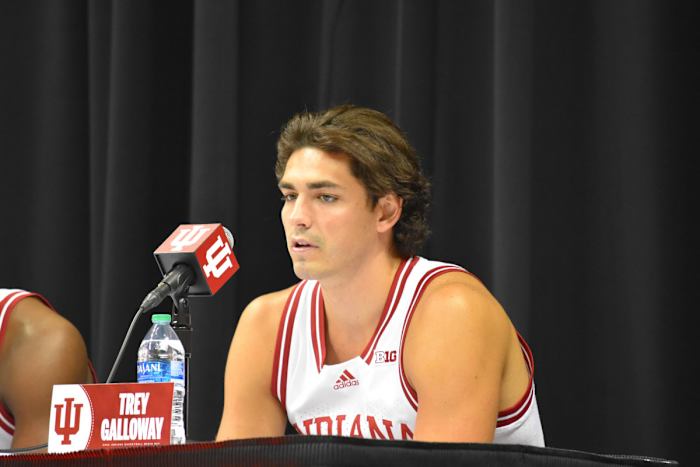 Senior guard Trey Galloway addresses the media at the beginning of IU Basketball Media Day at Simon Skjodt Assembly Hall.